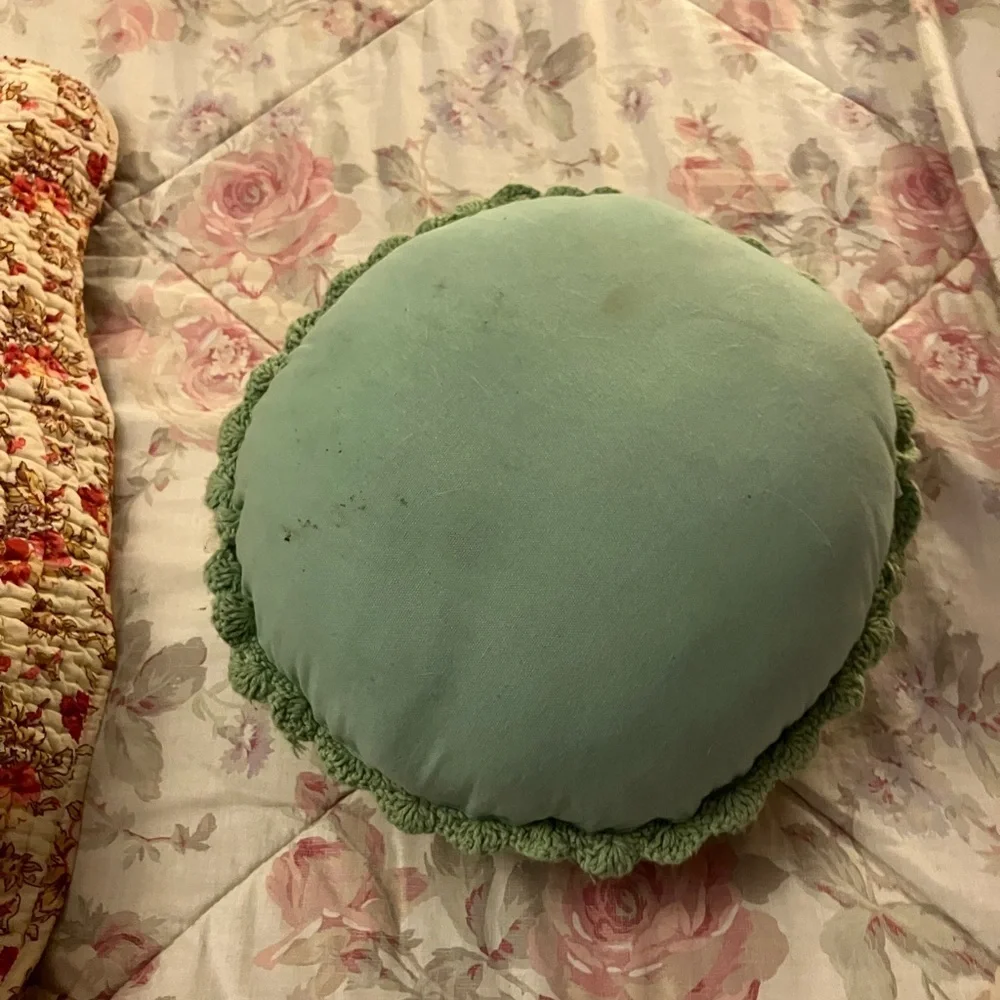 Crocheted round accent pillow vintage inspired vibe Great grandma cottage core